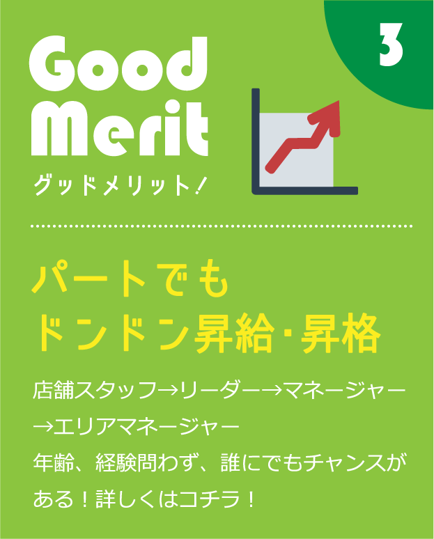 パートでもドンドン昇給・昇格店舗スタッフ→リーダー→マネージャー→エリアマネージャー年齢、経験問わず、誰にでもチャンスがある！詳しくはコチラ！